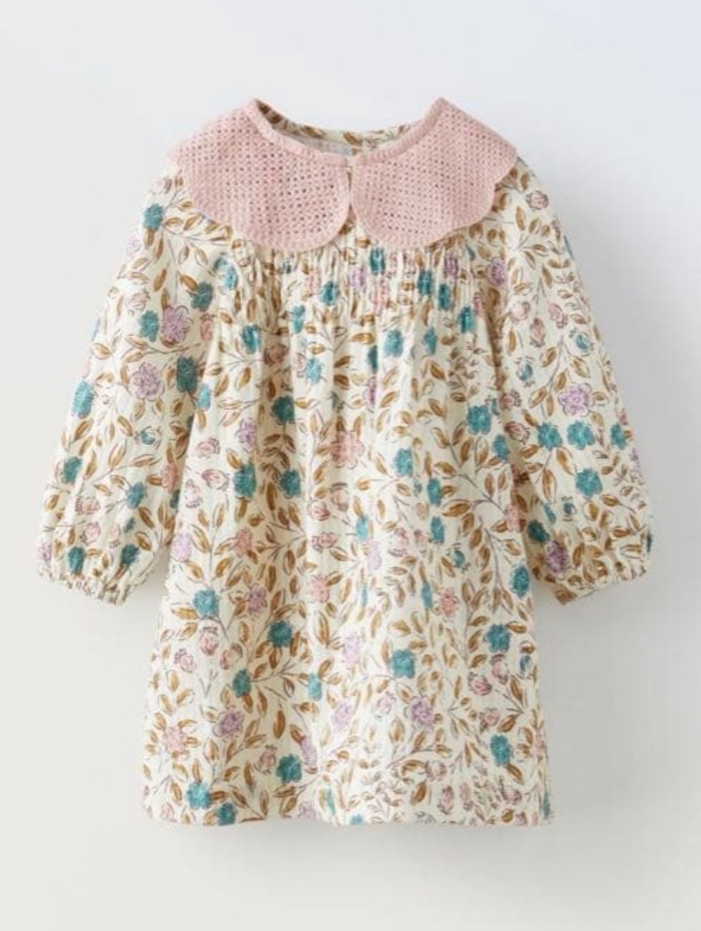 Zara Cream Floral Dress with Pink Peter Pan Collar